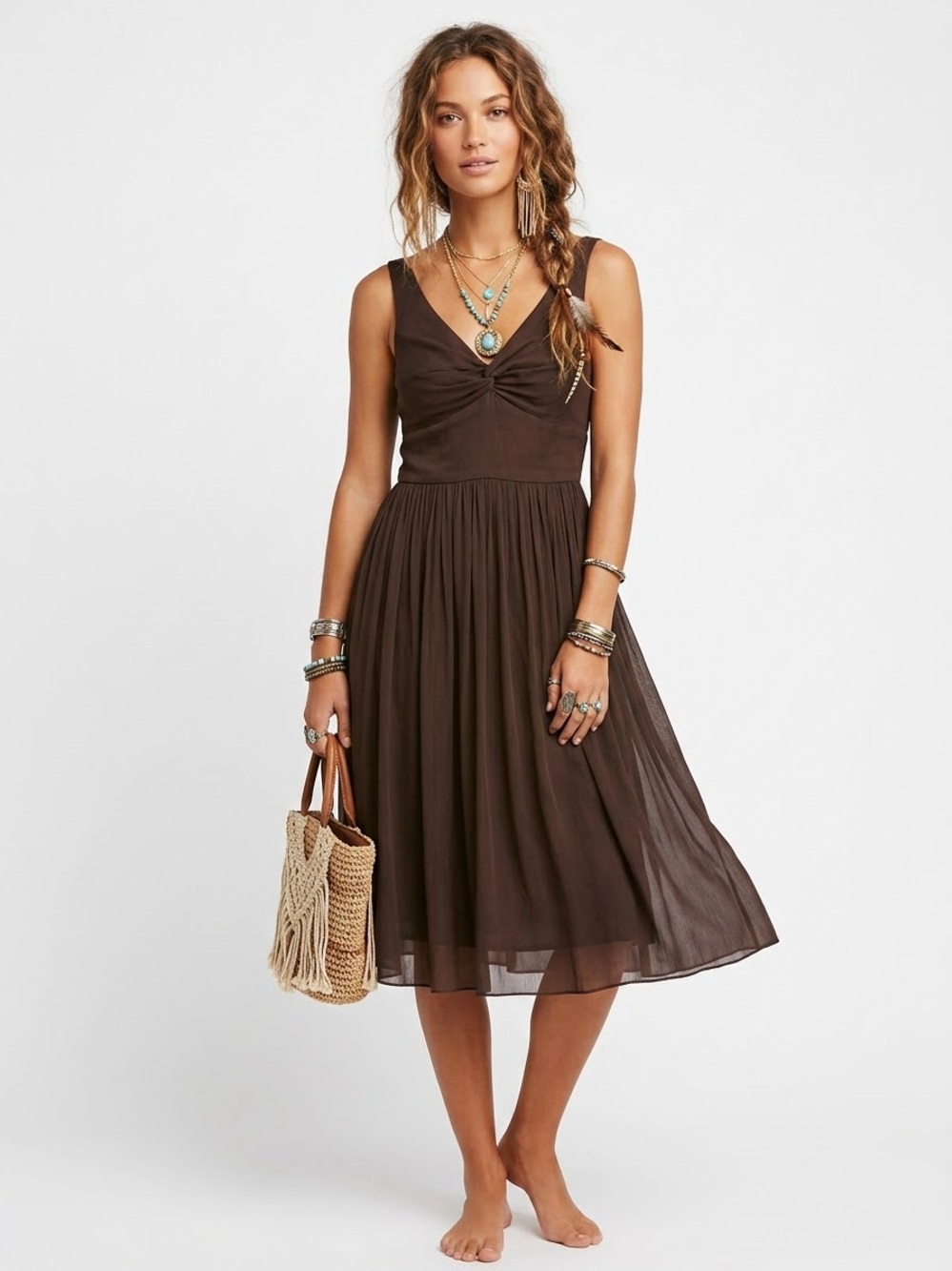 J.Crew 100% Silk Crepe Chocolate Brown Midi Skater Dress Goblincore Earthy Boho